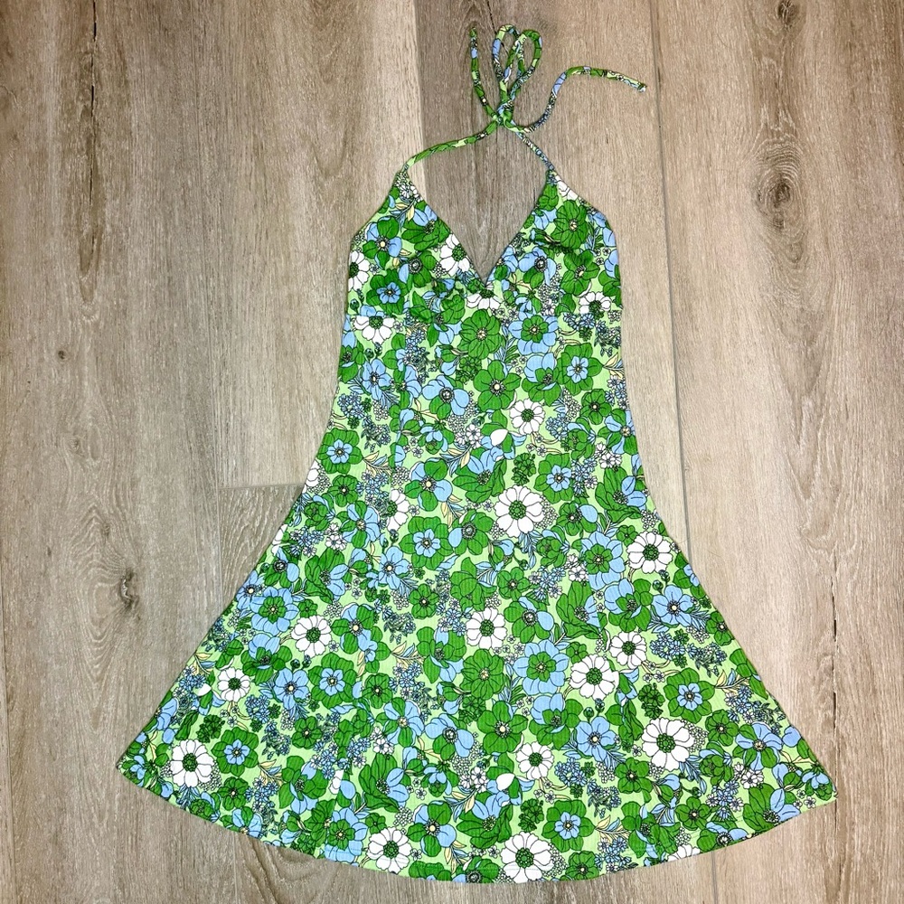 Vintage 70s-Inspired Green/Blue Floral Sundress Retro Y2K A-Line Size Small